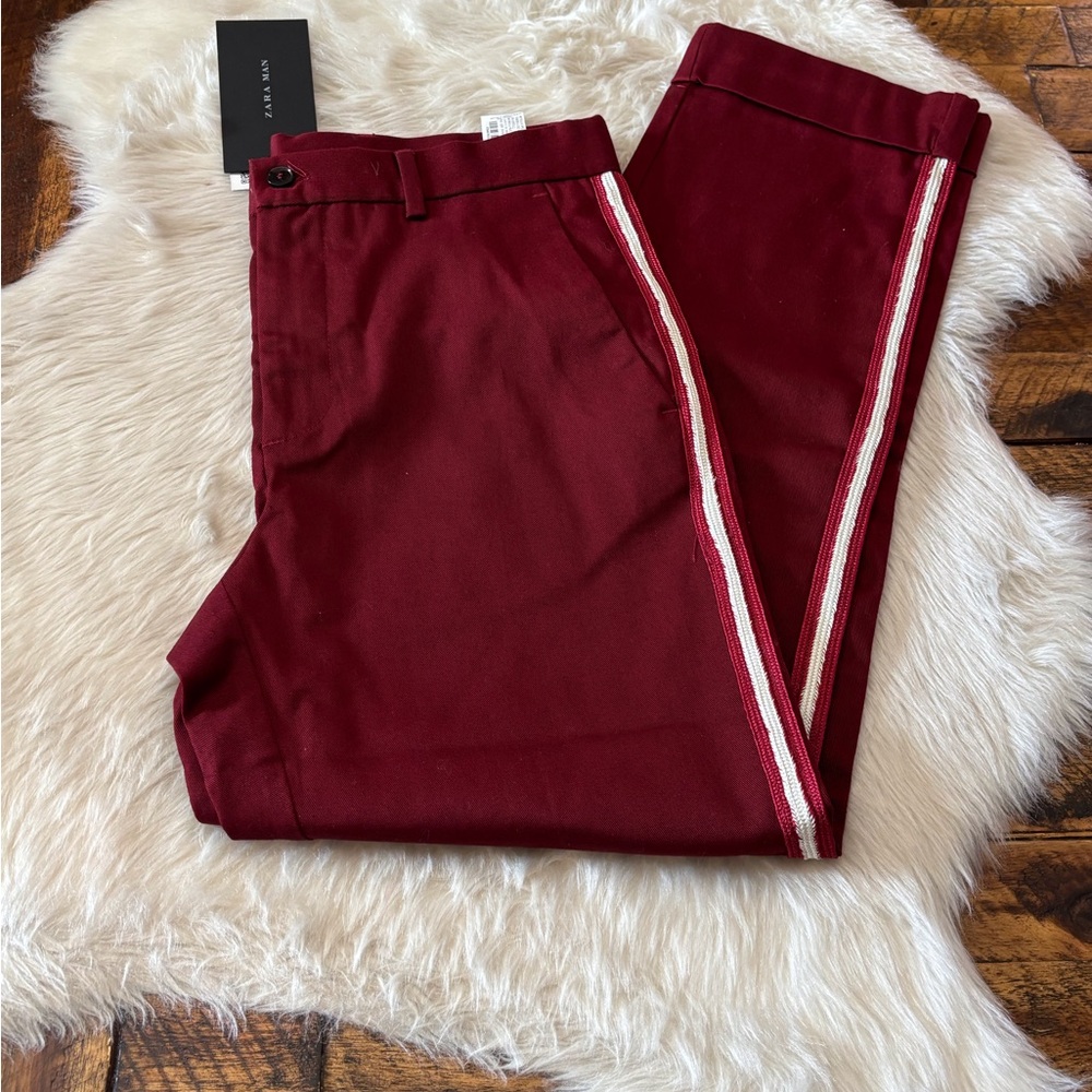 Zara Men's Red Chinos with Stripe Accent
